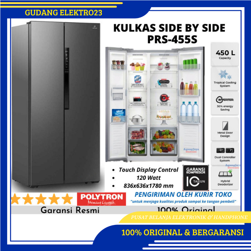 KULKAS POLYTRON PRS 455S INVERTER SIDEBYSIDE 450 LITER GARANSI RESMI POLYTRON FREE ONGKIR BANDAR LAM