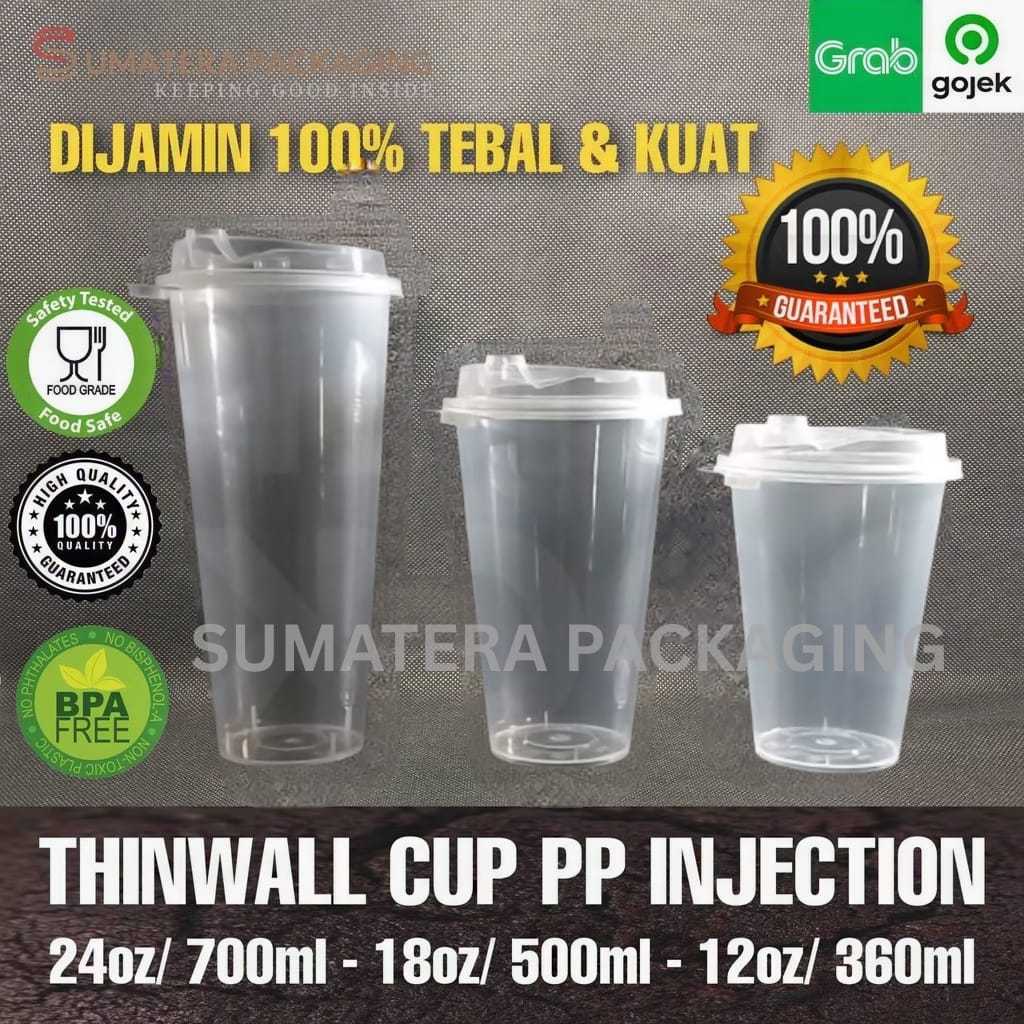 Gelas  thinwall plastik 12OZ 18Oz 24OZ + Tutup PP Cup Injection Reusable 360ML 500ML 700ML / Thinwal