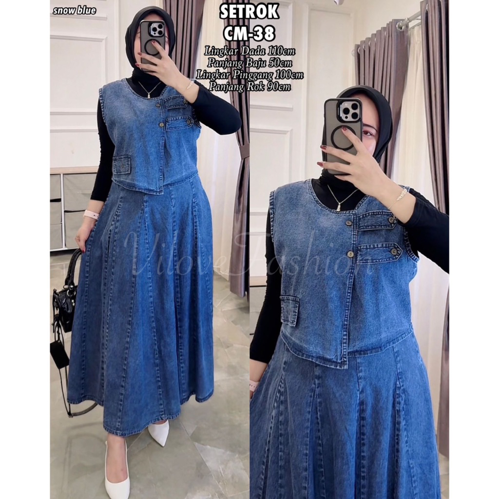 VILOVE- Alisha Setelan Rok Elegan Jeans Wanita Dewasa Kekinian
