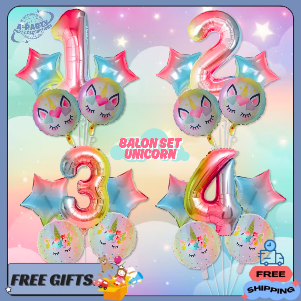 Balon Paket Unicorn Lucu isi 5Pcs Balon Angka Jumbo Unicorn Gradasi Pelangi Dekorasi Ulang Tahun Ana
