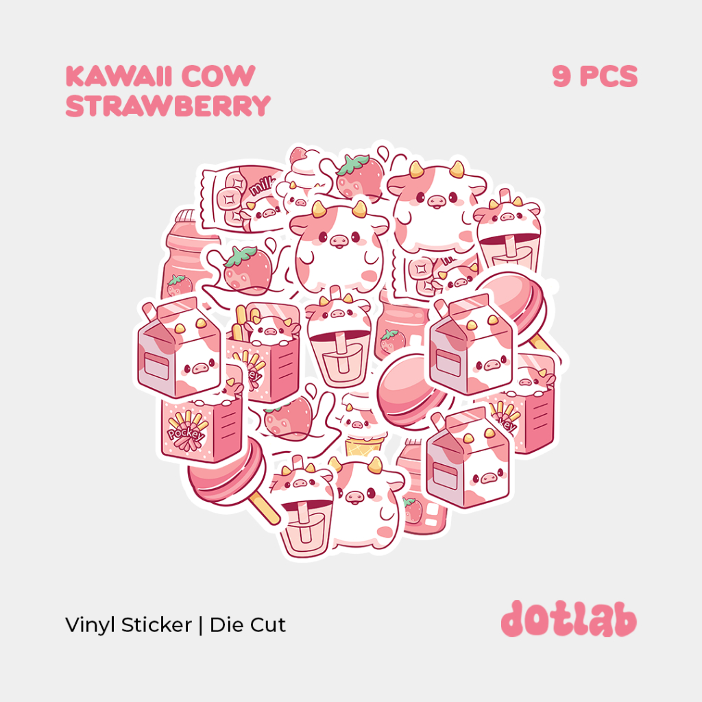 

DOTLAB STICKER PACK Kawaii Cow Strawberry (9 PCS) | Sticker Tumbler | Stiker Laptop Koper Helm