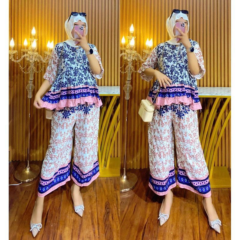 ONE SET HANIA RAYON LENGAN PENDEK CELANA 7/8 JUMBO LD 120 // ONE SET BUSUI // SET PENDEK KANCING BUS