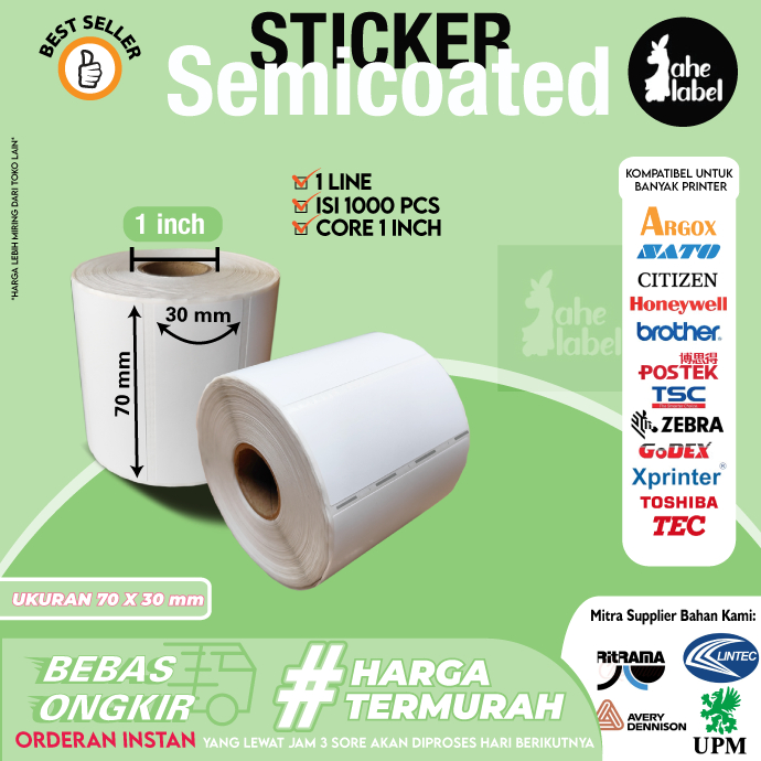

STIKER LABEL BARCODE 70x30mm SEMICOATED KERTAS LABEL 70 x 30 mm 1000 PCS