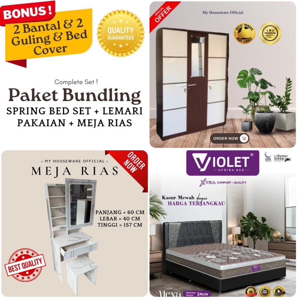 [READY STOCK] PAKET HANTARAN  SPRING BED SET + MEJA RIAS + LEMARI 3 PINTU
