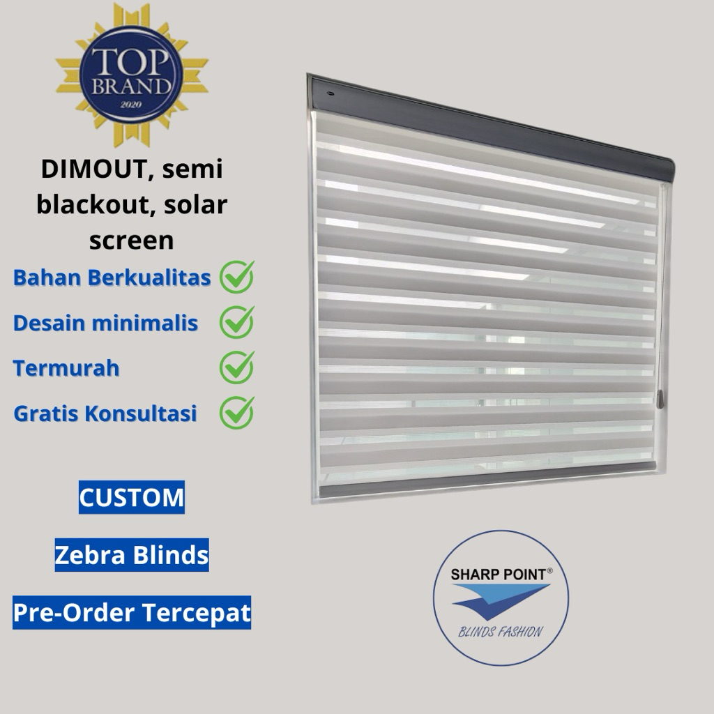 custom tirai gulung model zebra blind merek sharp point, blackout, dimout, solar screen