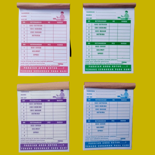 

NOTA LAUNDRY motif SETRIKA 1 ply / 1 rangkap warna warni