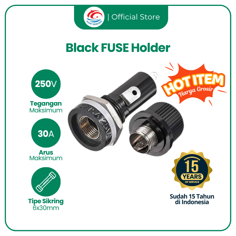 Dudukan Fuse Panel Sekring Holder Hitam Tahan Panas untuk Audio & Inverter 6x30mm 30A 250V – Untuk P