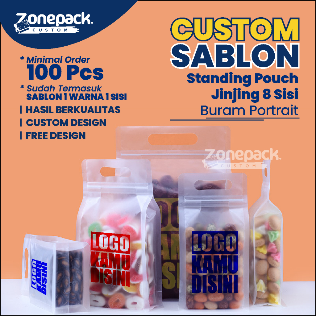 Sablon Standing Pouch Jinjing 8 Sisi Buram Potrait | Plastik Snack Keripik Berdiri | Gusset Flat Bot
