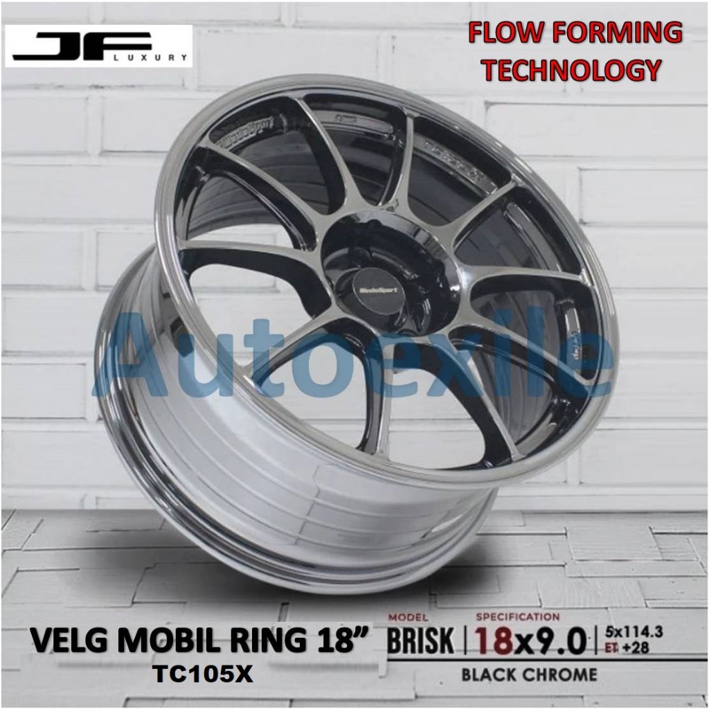 Velg Mobil JF Luxury Wheels Ring 18 inch 18x9.0 PCD 5x114.3 ET+28 Black Chrome BC Hitam Krom Flow Fo