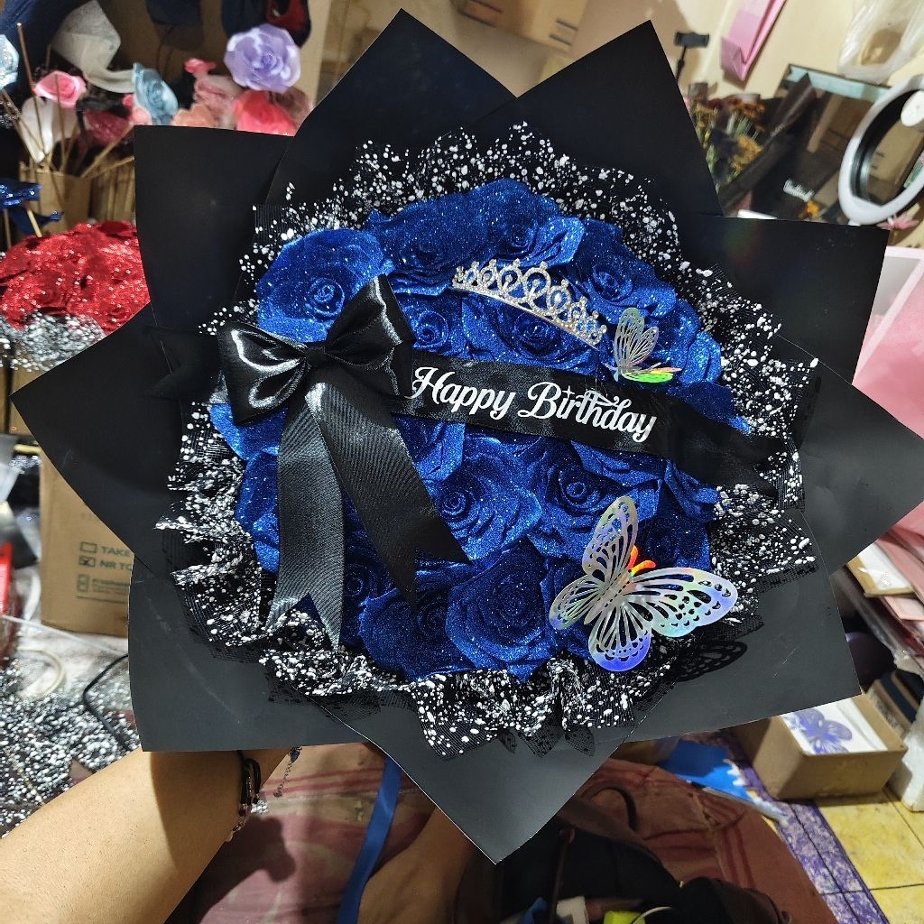 Buket pita satin Glitter - Buket ulang tahun - Buket wisuda - Buket navy biru -Bouquet Jumbo - Buket