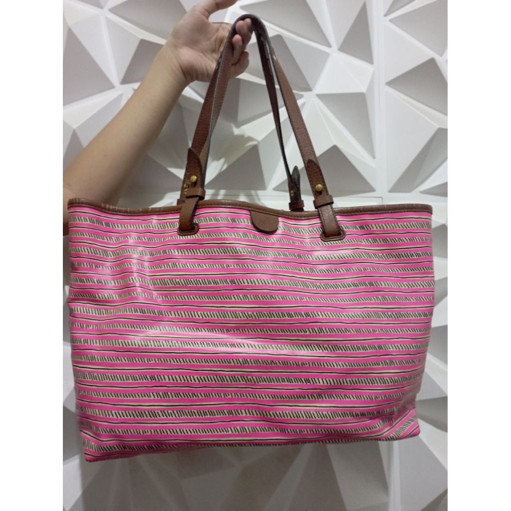 preloved tas fos**il totte bag ocil tote asli original authentic ocil rachel pink stripe second seke
