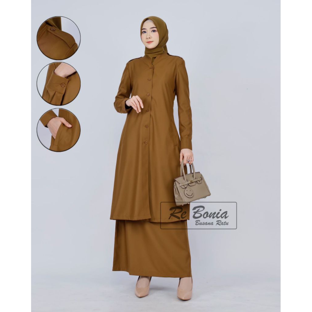 Seragam RE BONIA , Pemda Tunik Coklat NON PURING Wanita Rok A , Baju Dinas Tunik Pemda Coklat Wanita