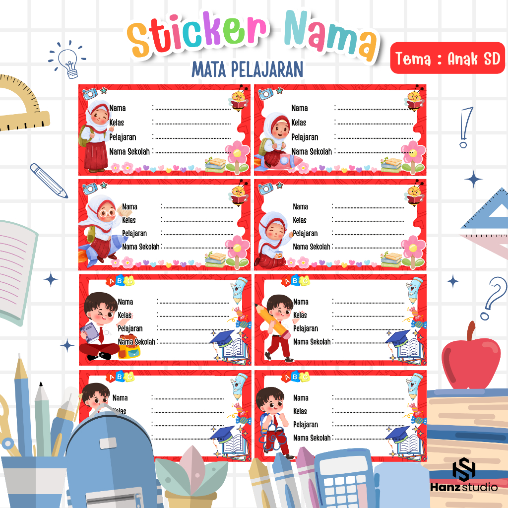 

(Isi 44 pcs) Cetak Sticker Nama Mata Pelajaran Anak SD / Stiker Label Buku Sekolah Pelajaran CUSTOM NAMA ANAK PEREMPUAN LAKI-LAKI BISA PILIH DESAIN