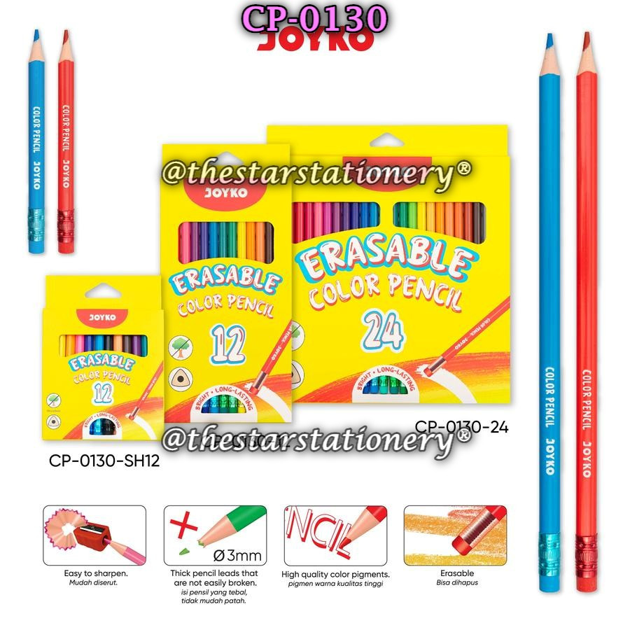 

(1 Set) GABUNGAN Pensil Warna JOYKO Dapat Dihapus CP-0130 Erasable Color Pencil Joyko (1 Set)