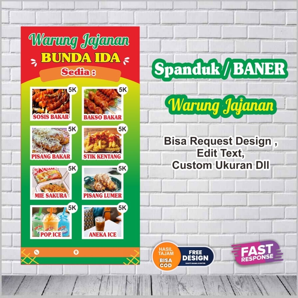 Spanduk / Baner Warung Jajanan Sosis Bakar/Mie Ayam dll bisa custom desain