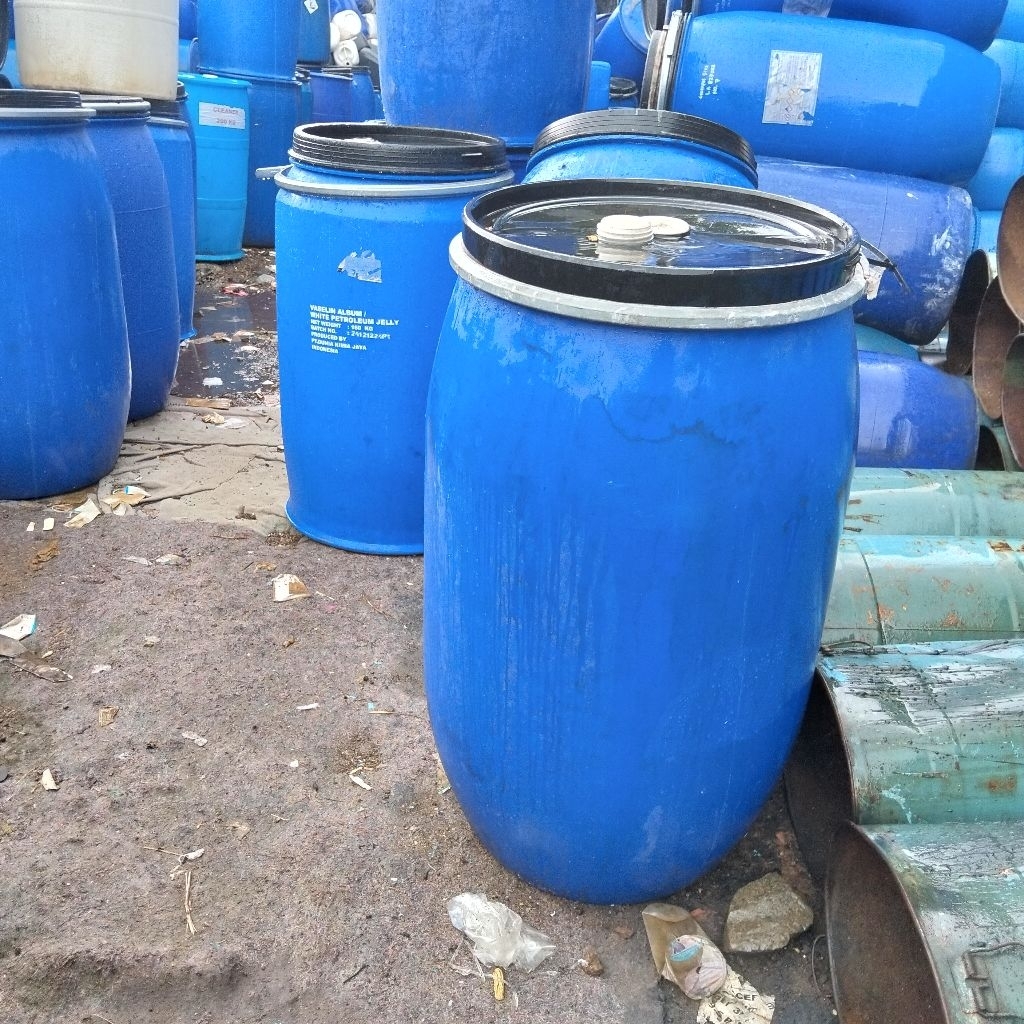 Drum tong plastik hdpe 200liter bekas tutup lebar lengkap ring pengunci