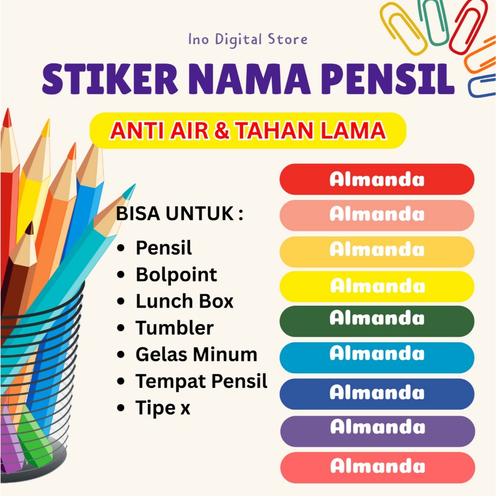 

Stiker pensil nama anak Stiker custom label alat tulis pulpen anti air waterproof karakter isi 54