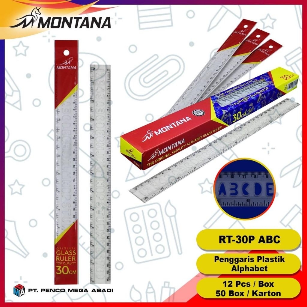 

PENGGARIS PLASTIK MONTANA 30 CM ALFABETH SABLON HURUF GROSIR ( 12 PCS )