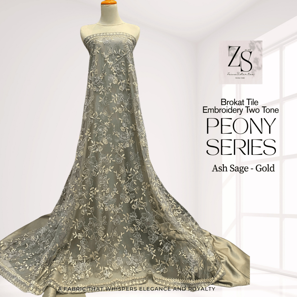 1/2 Meter Kain Brokat Tile Bordir Bunga Two Tone Peony Series Warna Sage Green Gold