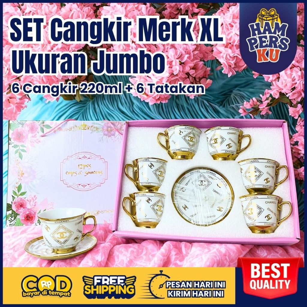 PAKET European XL Cangkir Keramik + Piring Lepek Tatakan besar Set 6 in 1 Tea Cup Teh Kopi Minum Dap