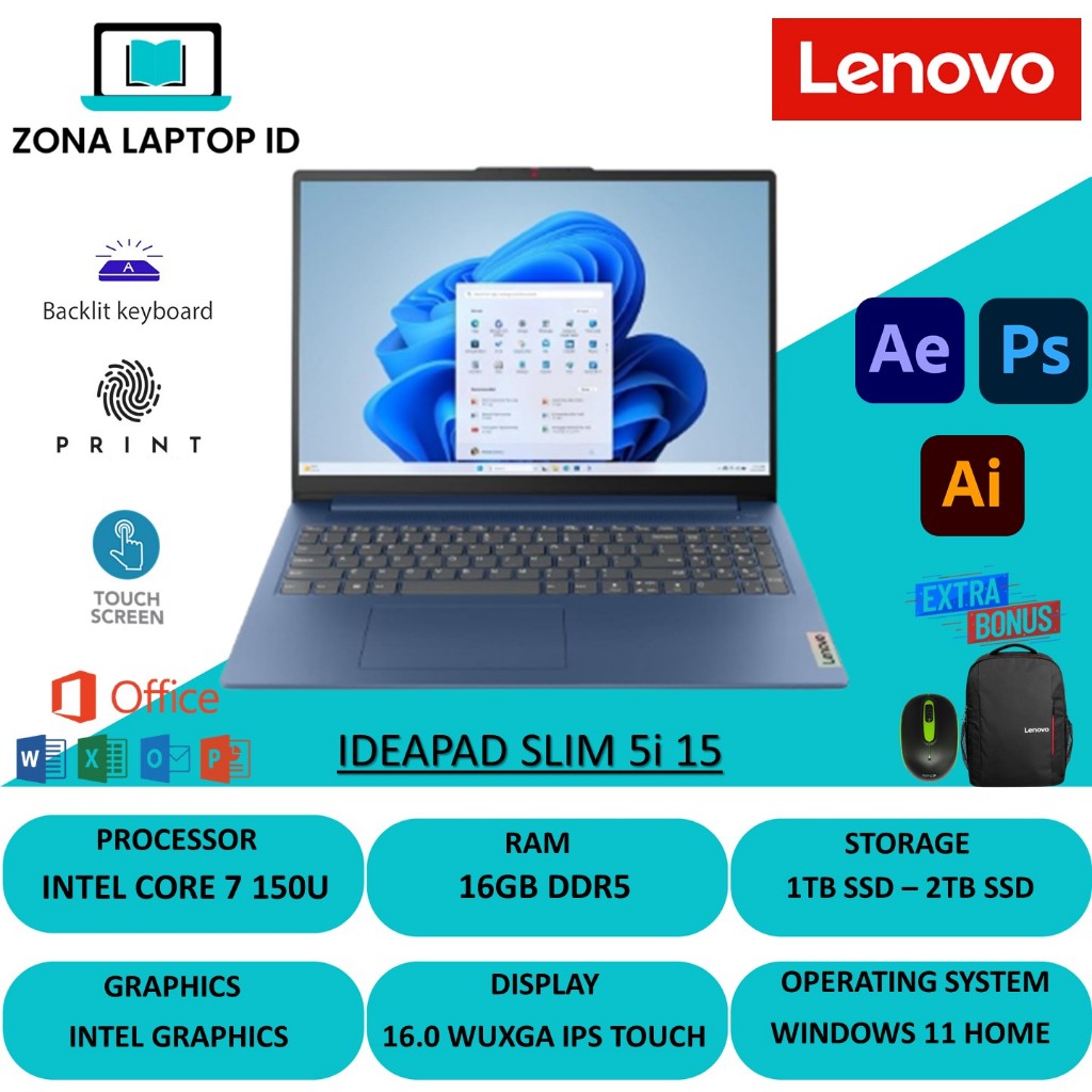 Lenovo Ideapad SLIM 5i 16 TOUCH  Intel Core 7 150u 16GB SSD 1TB Layar 16 inch Windows 11