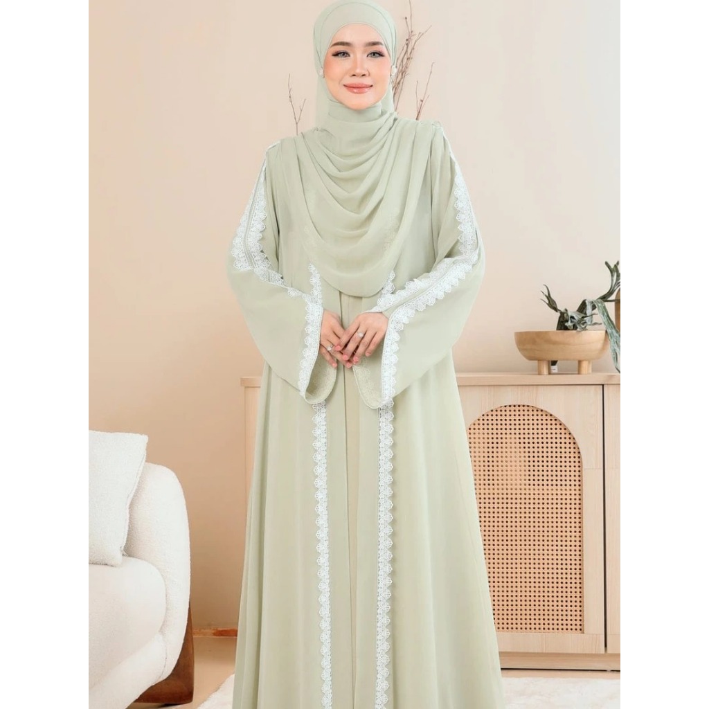 Gamis Kekinian Wanita Aluna Abaya BP Bahan Ceruty Babydoll Mix Renda LD 100-120 cm PJ 138 cm Jumbo G