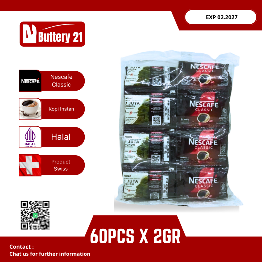 

NESCAFE CLASSIC 2 GR X 60 PCS/ISI 60 PCS/KOPI INSTAN/KOPI HITAM/KOPI BUBUK/KOPI SACSET