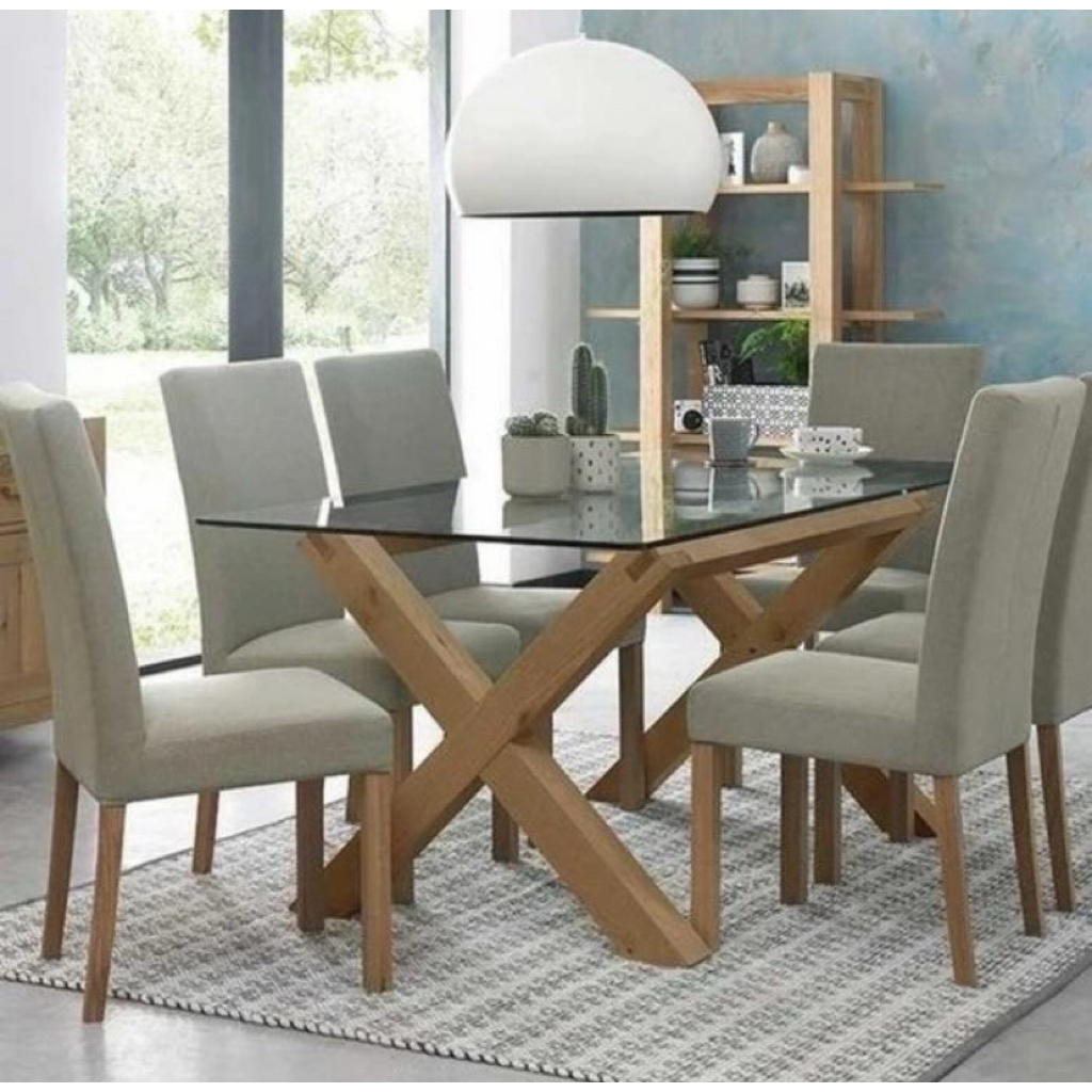 set meja makan 6kursi top meja kaca tebal