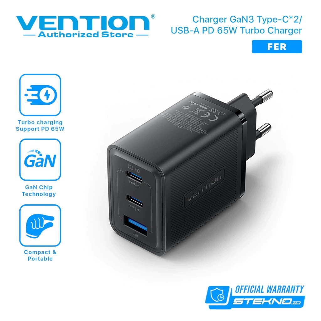 Vention Adaptor Kepala Charger USB-C GaN FAST Charging PD QC4+ 65W 3 Ports FER / Vention 65w