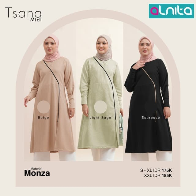 NIBRAS ATASAN TSANA MIDI,ATASAN WANITA,ATASAN KAOS,ATASAN MUSLIM,MIDI DRESS,TERBARU