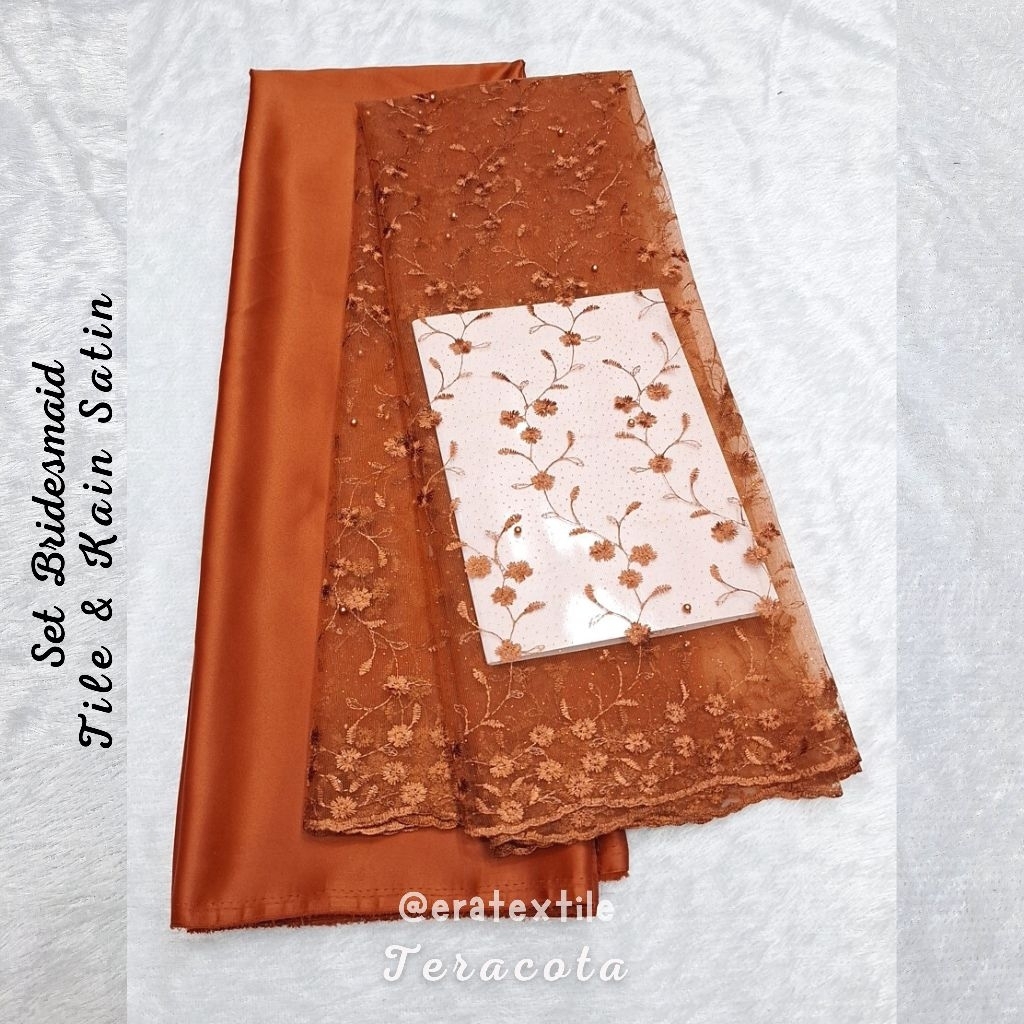 PAKET KAIN DRESS BRIDESMAID WARNA TERACOTA TILLE + SATIN WARNA TERACOTA , PAKET LENGKAP KAIN TULLE M