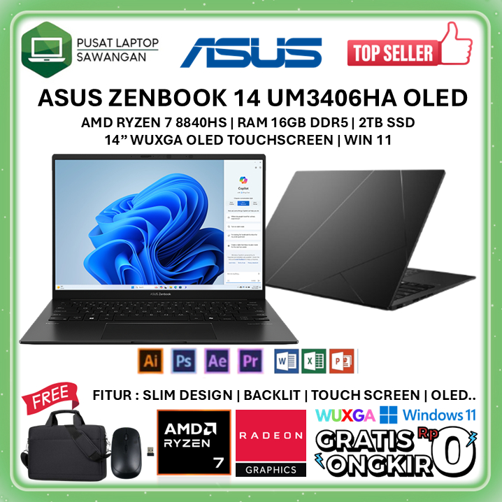 Laptop Asus Zenbook OLED 14 UM3406HA AMD Ryzen 7 8840HS 16GB 1TB SSD Layar 14 Inch WUXGA Touchscreen