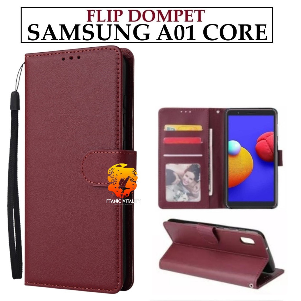 FLIP LEATHER CASING SAMSUNG A01 CORE CASE KULIT FLIP WALLET LEATHER DOMPET KULIT PREMIUM SARUNG BUKA