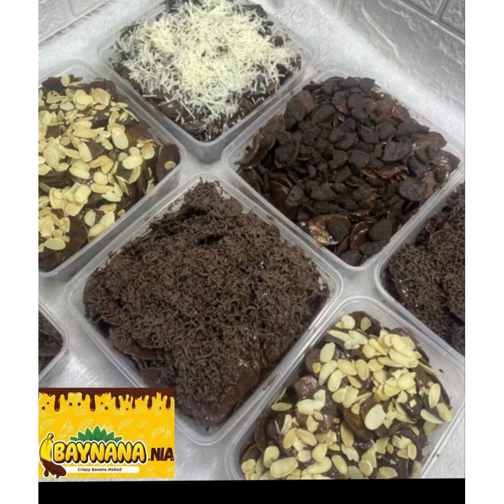 

Baynana.nia Keripik Pisang Lumer Crispy Coklat Lumer Topping Almond Choco Chips Melted Full Coklat