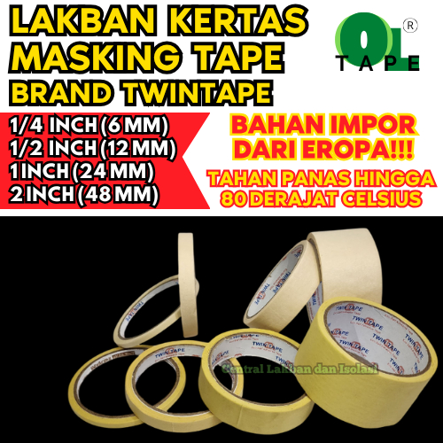 

Masking Tape / Lakban Kertas TWINTAPE 1/4" (6 mm) x 14 M WARNA : Kuning / Putih, Ekonomis