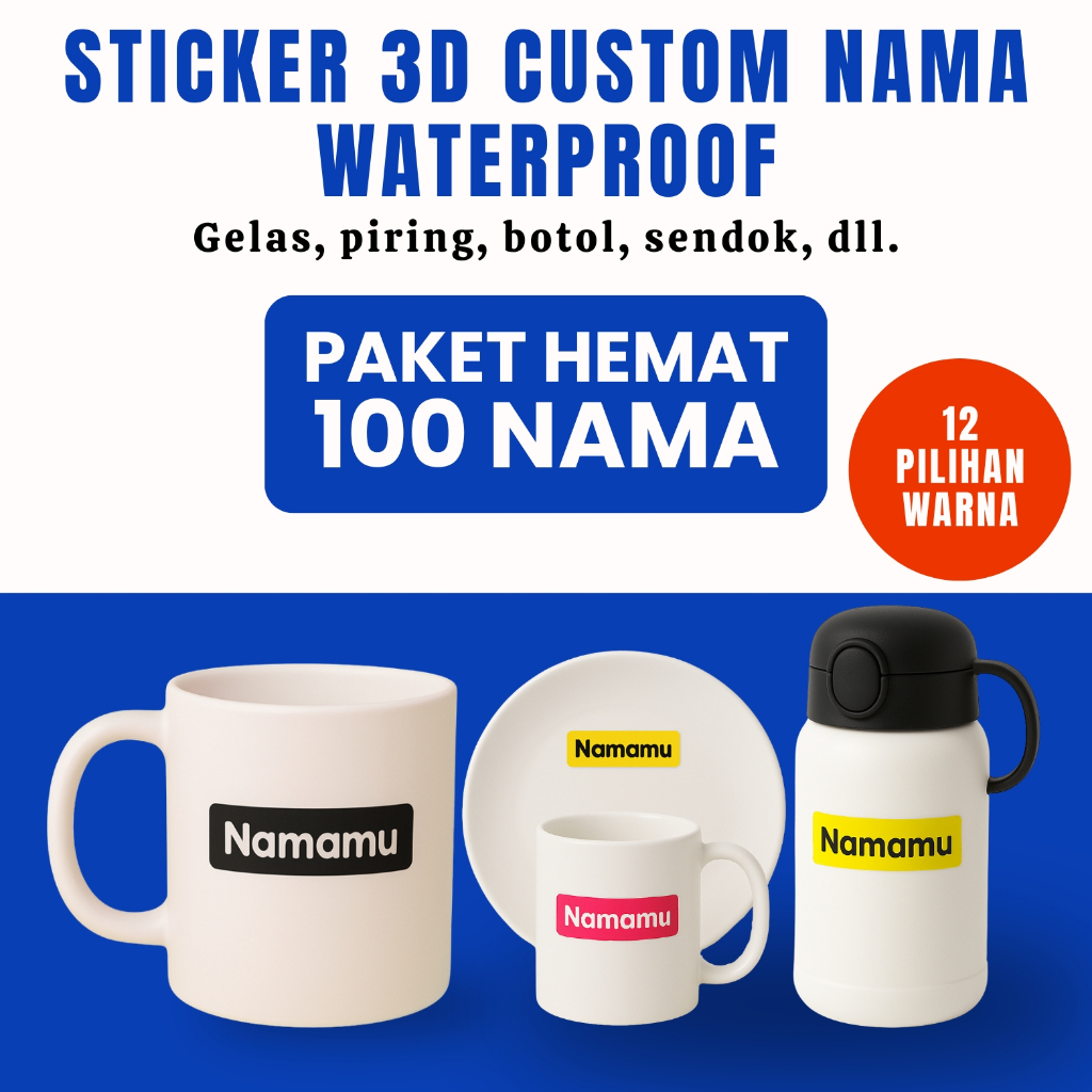 

Sticker Perabotan Custom Nama 100 Pcs Piring Sendok Botol Gelas timbul waterproof label