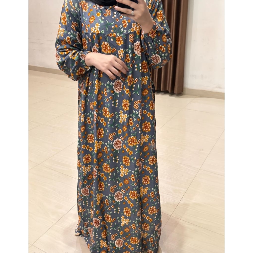 Daily Dress Motif Bunga Lengan panjang+karet Gamis Busui Frendly Midi Dress Home Dress
