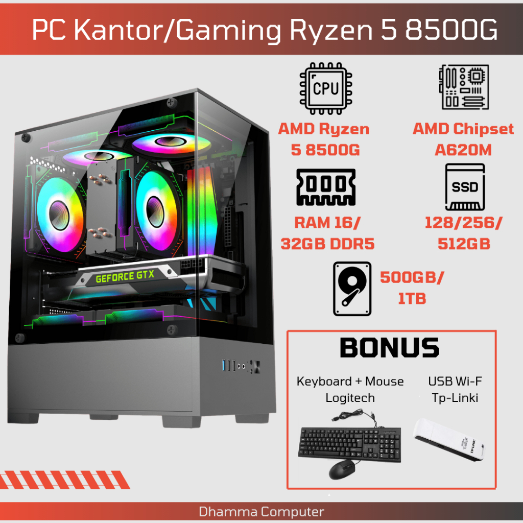 PC Gaming CPU Rakitan Komputer AMD Ryzen 5 8500G DDR5 Ryzen 5 8500G NVME Komputer Gaming AMD AM5