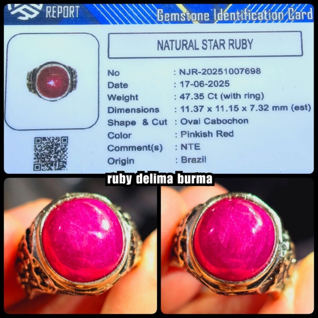 RUBY BURMA STAR HQ SUPER KRISTAL + SERTIFIKAT LAB