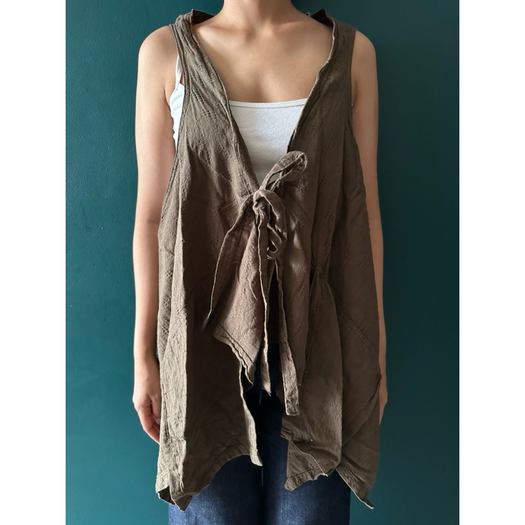 Olive Asymmetrical Outer Army Tied Outerwear Green Bow Cardigan Ribbon Vest Flowy Vest