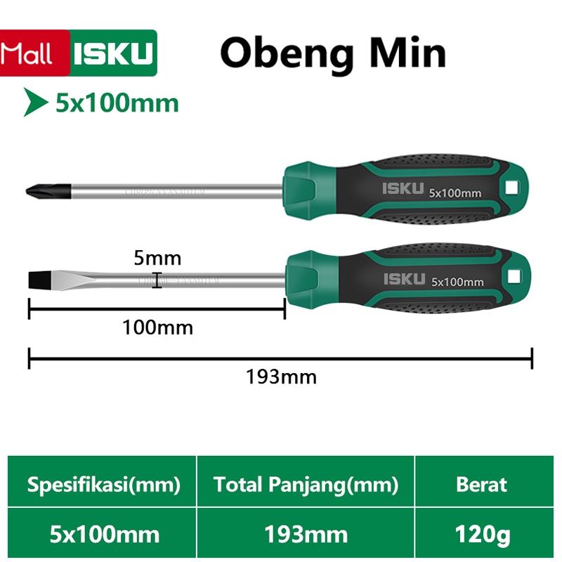 ISKU Obeng Set Tip Magnetik 2pcs 5*100mm Bahan Chrome Vanadium Screwdriver Set Plus Dan Minus Obeng 