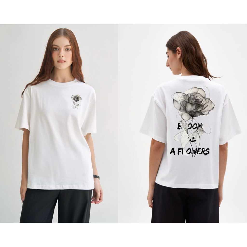 kaos motif mawar hitam,kaos wanita oversize,kaos dasar putih dengan motif bunga hitam