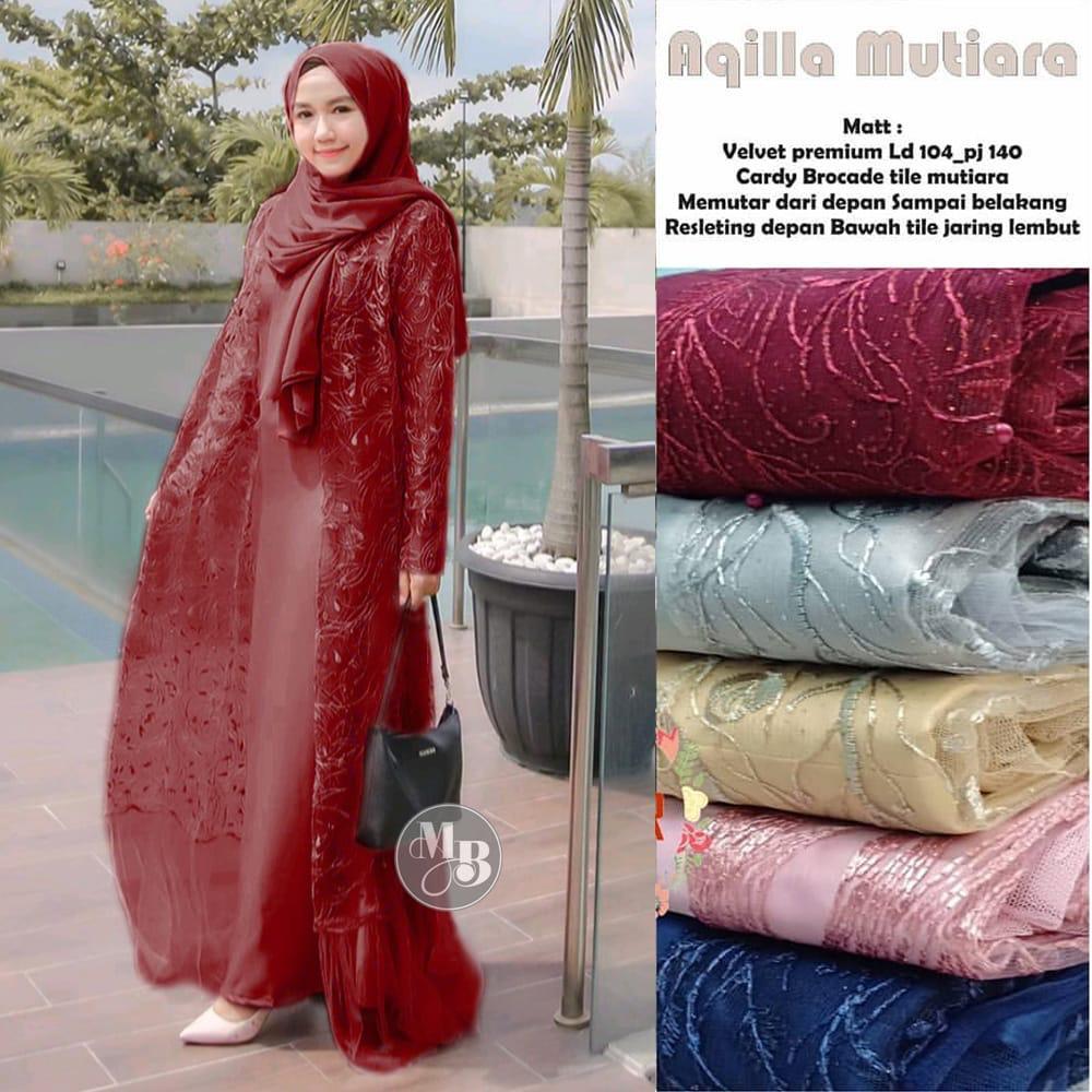 Gamis Aqilla Rompi Lepas Dress Lebaran 2026 Model Terbaru Mutiara Matt Satin Mix Cardigan Brokat Max