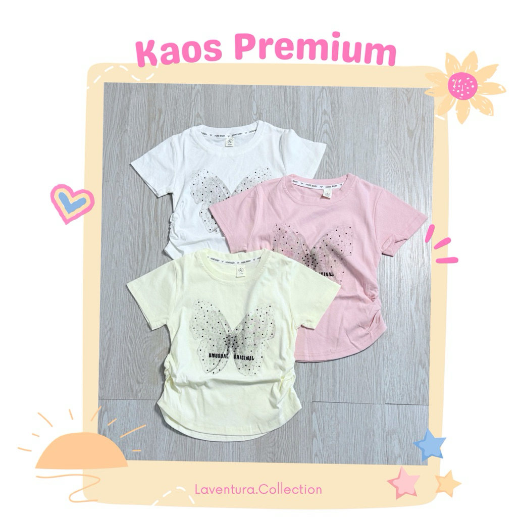 Kaos Import Anak Perempuan (Usia 5–8 Tahun) – Premium Quality | Model Serut Samping Kupu-Kupu