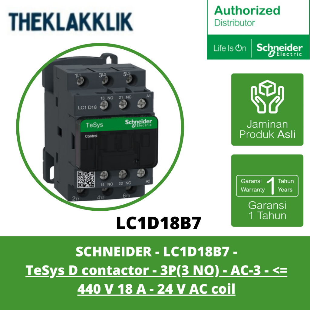 SCHNEIDER - LC1D18B7 - TeSys D contactor - 3P(3 NO) - AC-3 - <= 440 V 18 A - 24 V AC coil
