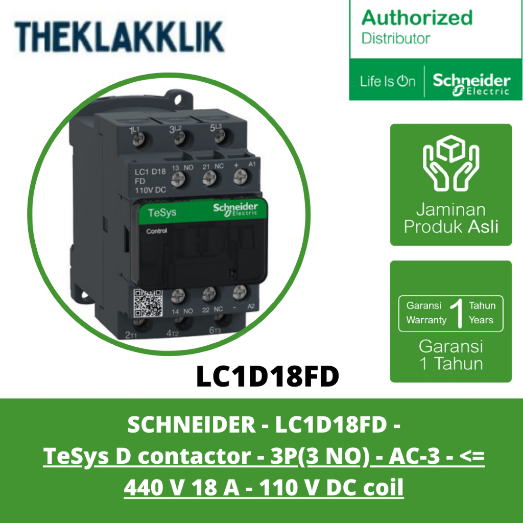 SCHNEIDER - LC1D18FD - TeSys D contactor - 3P(3 NO) - AC-3 - <= 440 V 18 A - 110 V DC coil