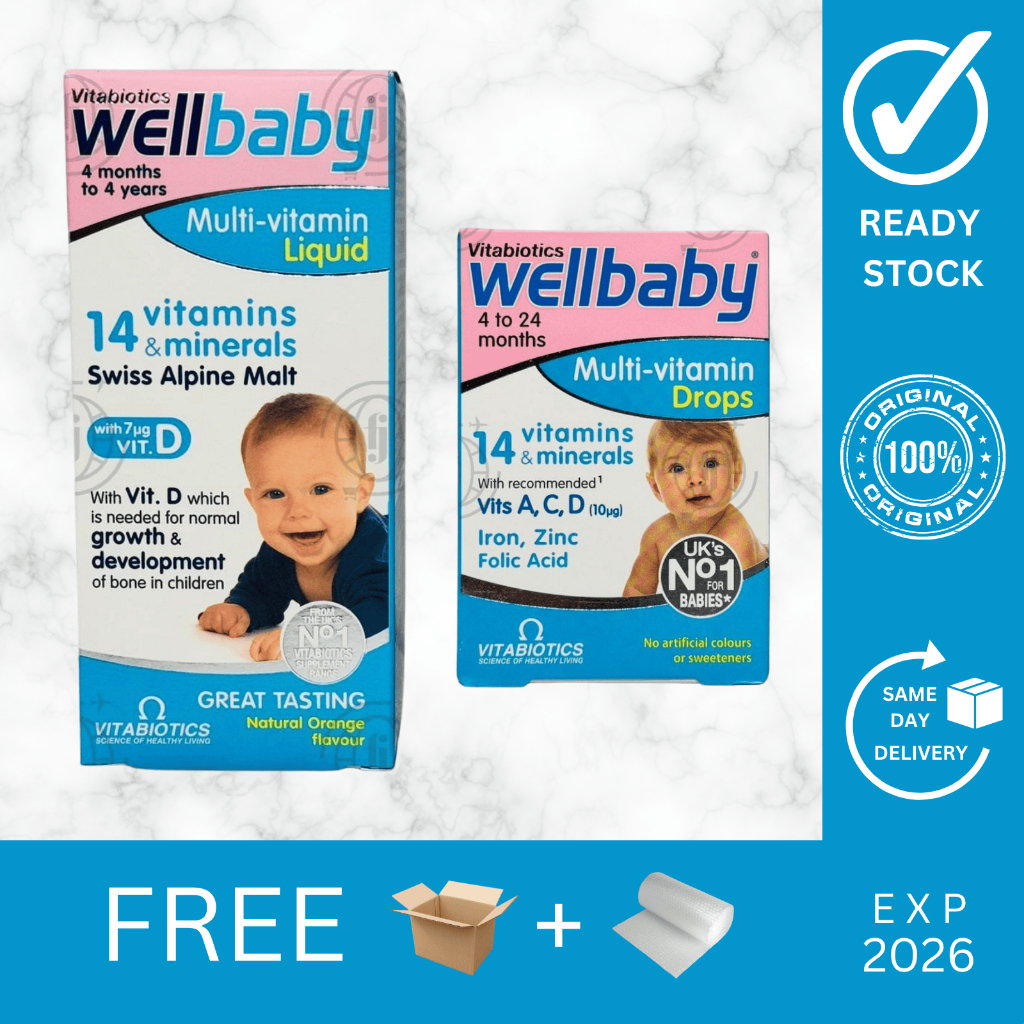 Wellbaby Multivitamin Anak UK – Drops 30ml & Liquid 150ml | Usia 4 Bulan–4 Tahun | Vitamin Harian Im