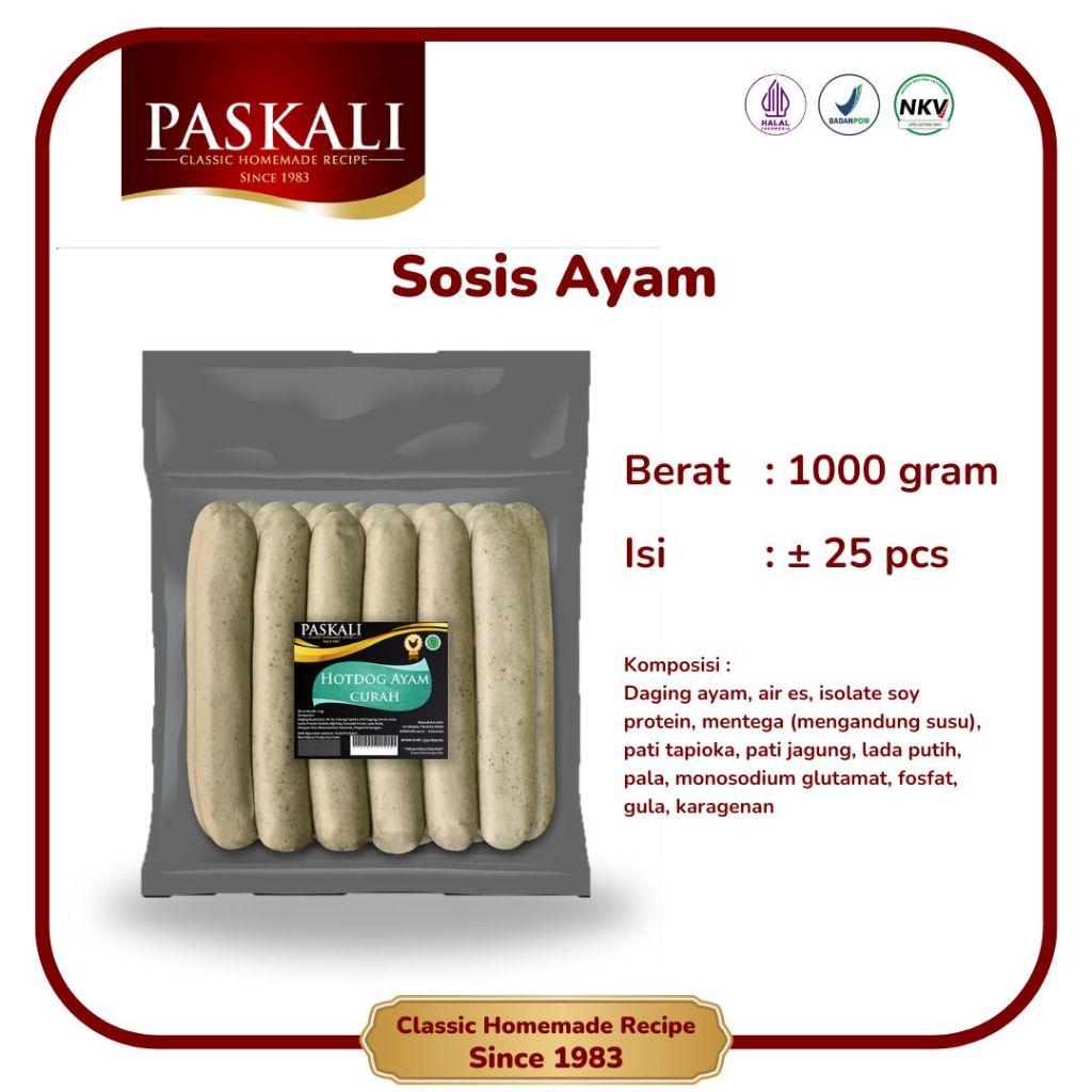 

Sosis Ayam Paskali 1000 Gram Isi 25 Pcs