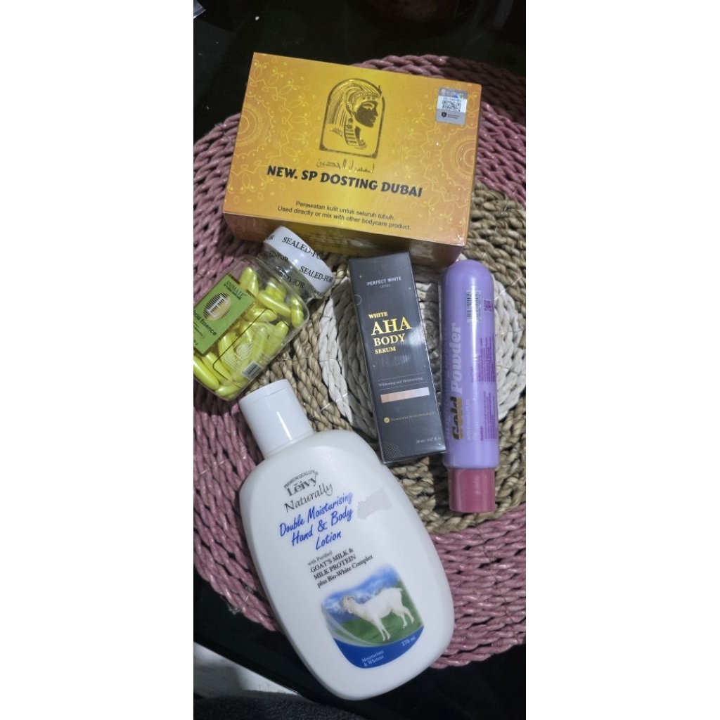 paket racik lengkap (sp dubai , serum aha, hb leivy,gold powder,vitamin animate)