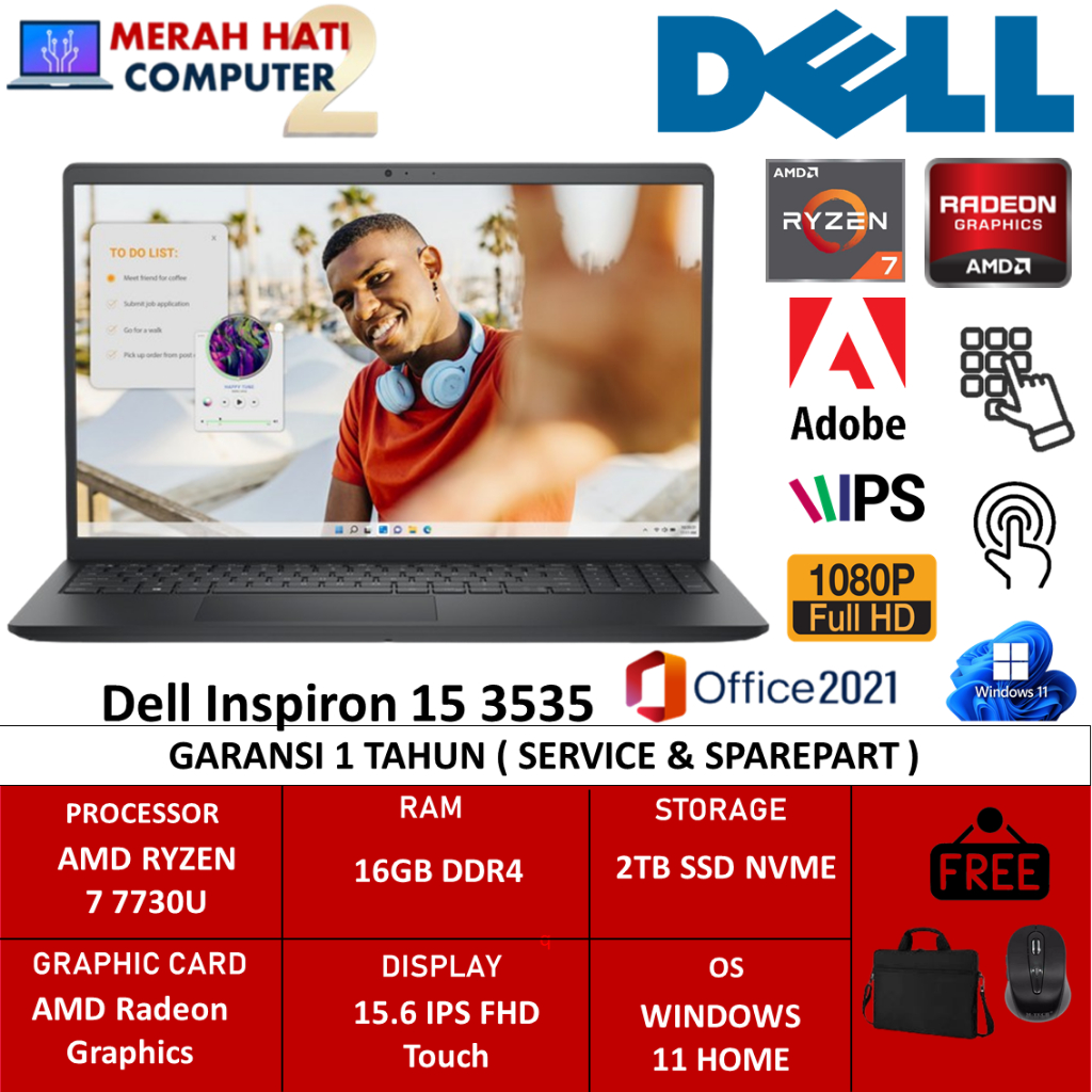 Laptop Dell Inspiron 15 3535 Amd Ryzen 7 7730 Ram 16gb Ssd 2TB 15.6 IPS FHD Touch windows 11